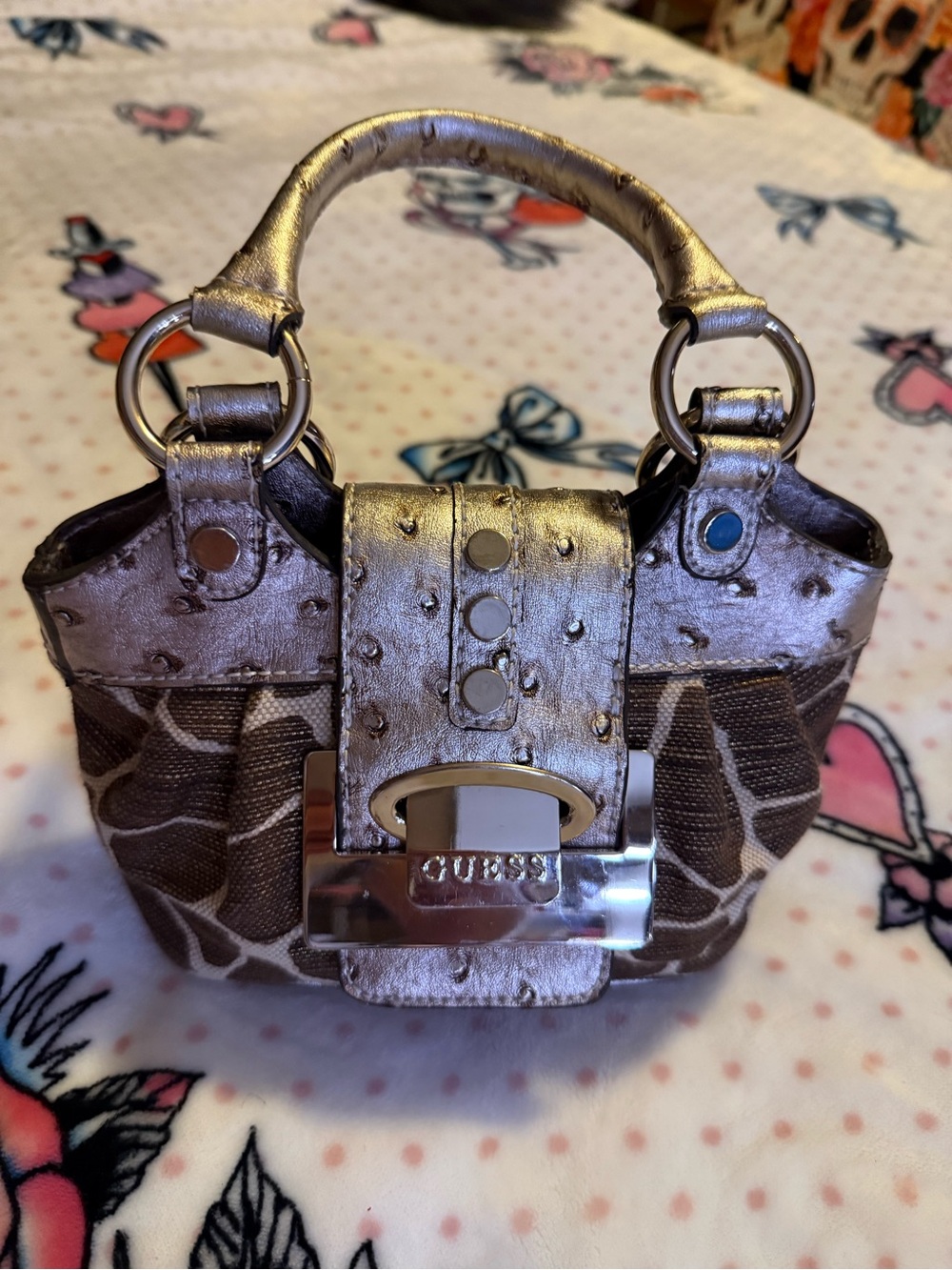 Vintage GUESS “Serengeti Mini” Satchel with Metallic Trim